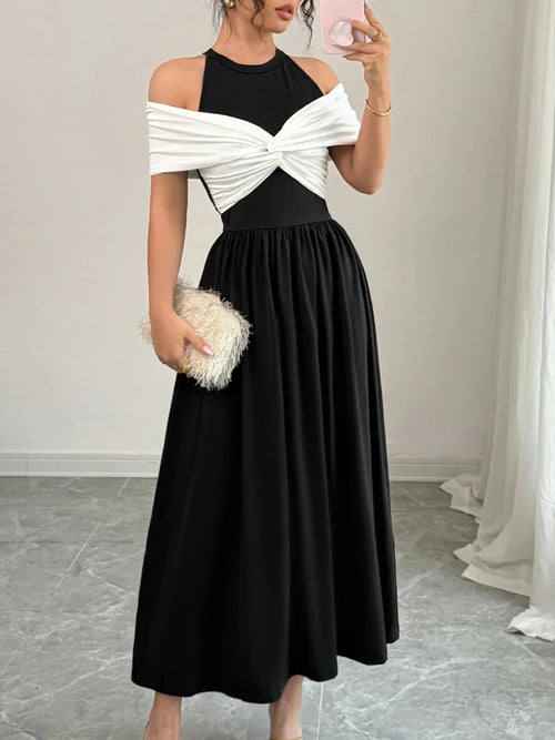 Twisted Contrast Cold Shoulder Midi Dress