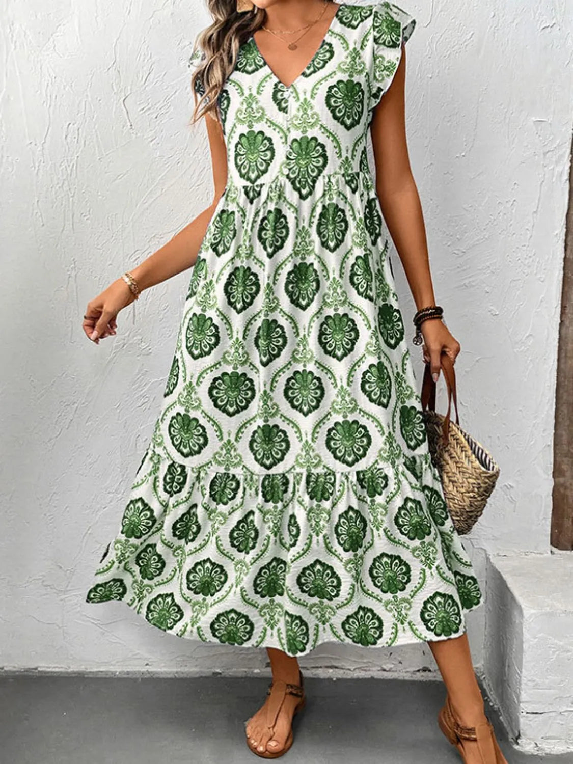 Ruffled Printed V-Neck Cap Sleeve Dress