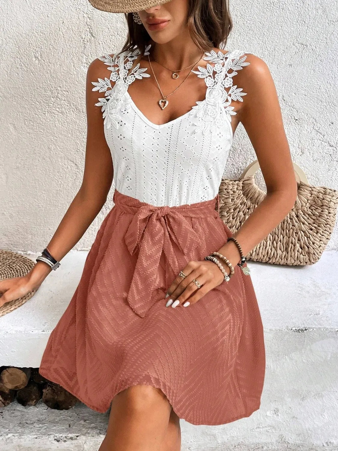 Lace Detail Tie Waist Mini Cami Dress