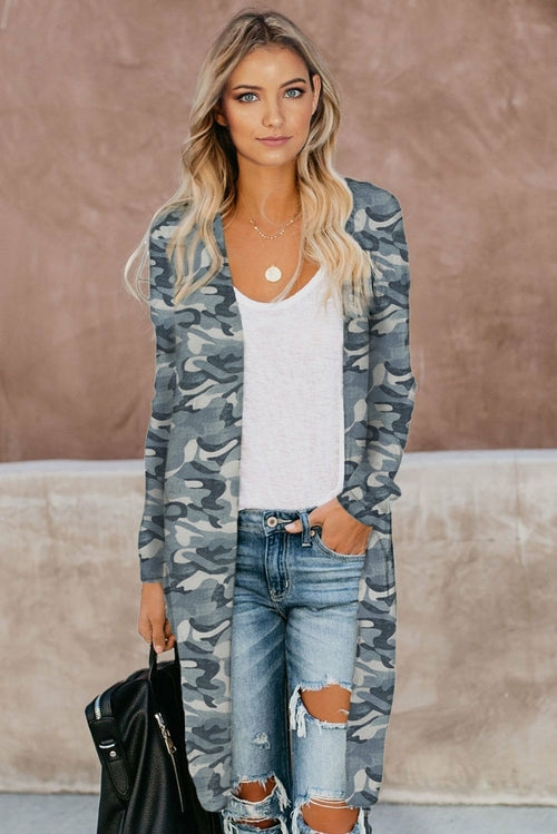 Women's Gray Camo Print Long Cardigan