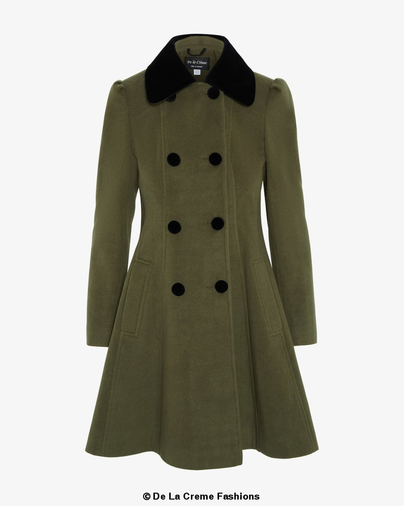 De La Creme Womens Double Breasted Velvet Trim Skater Coat