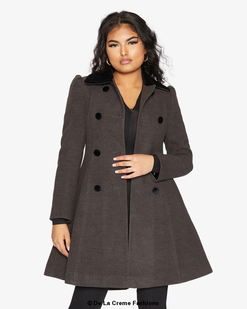 De La Creme Womens Double Breasted Velvet Trim Skater Coat