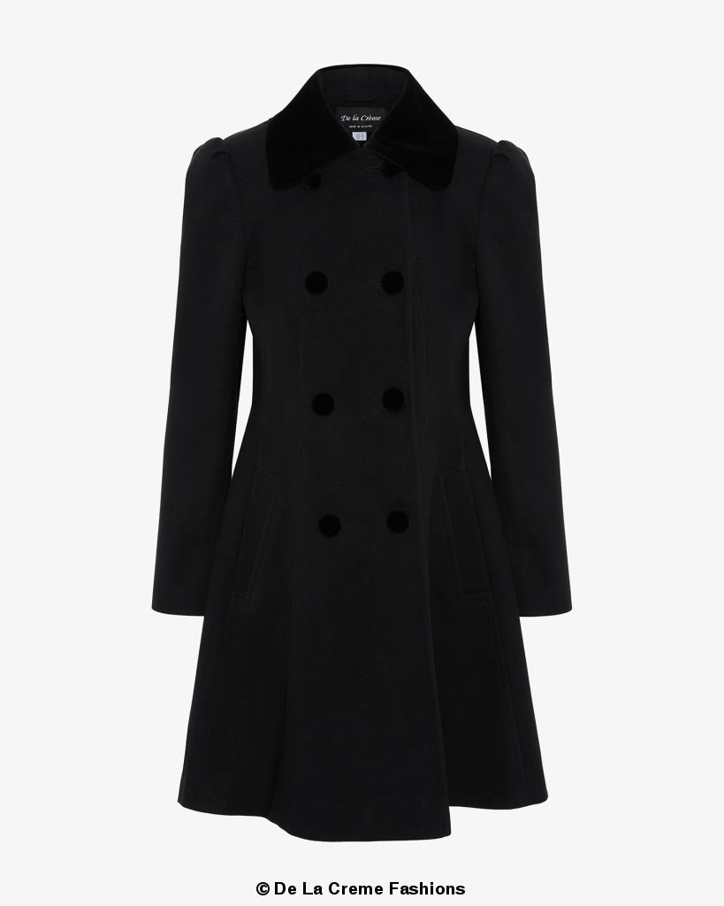 De La Creme Womens Double Breasted Velvet Trim Skater Coat
