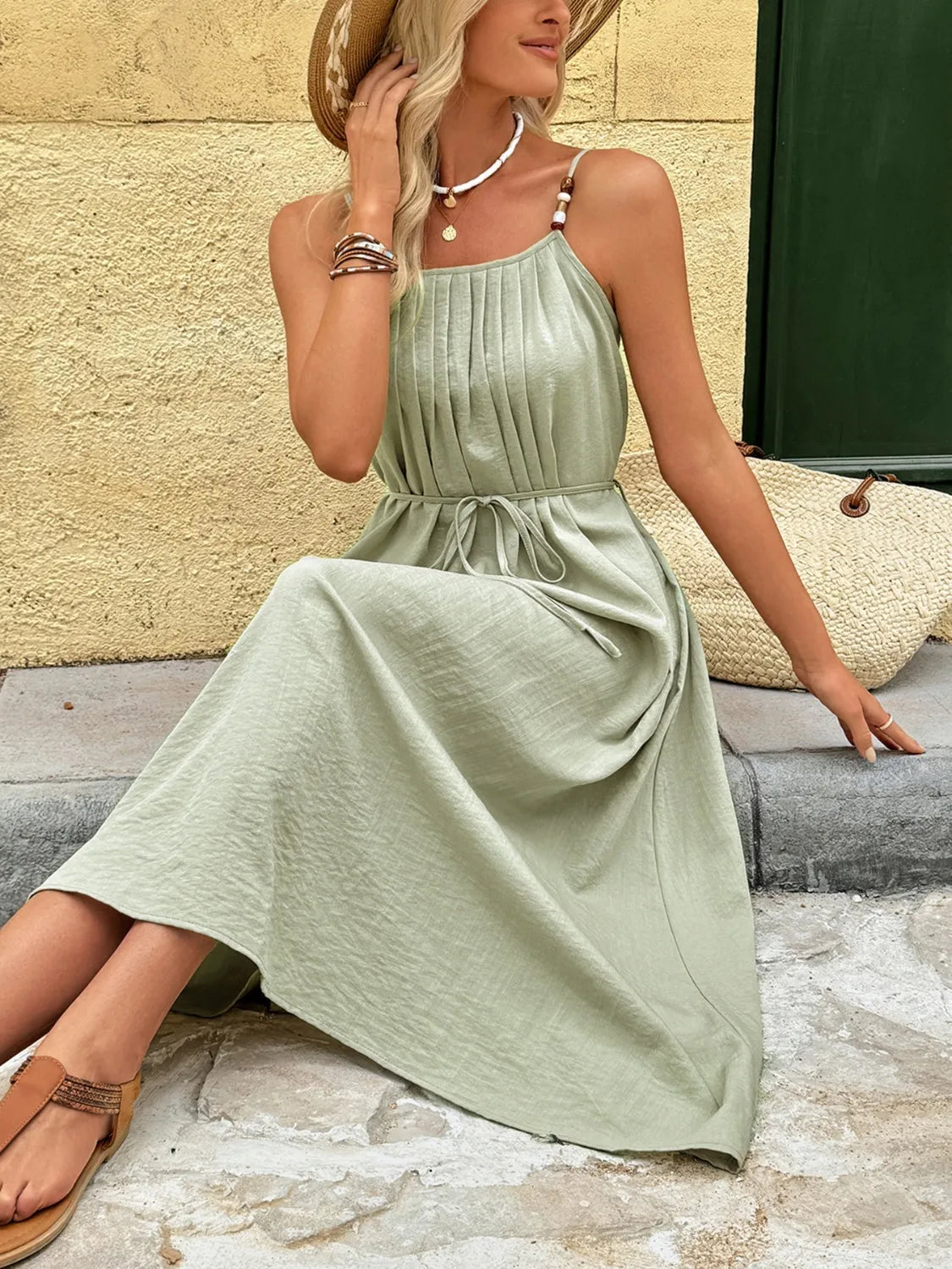 Pleated Adjustable Strap Cami Dress