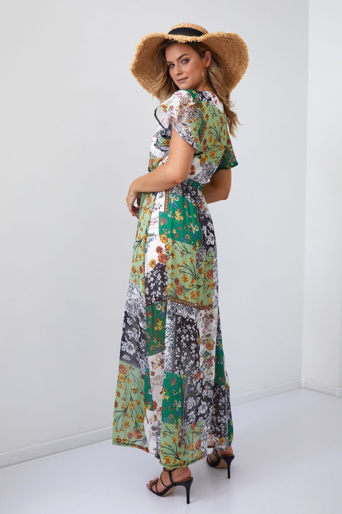 Maxi wrap dress with a belt, green FG646