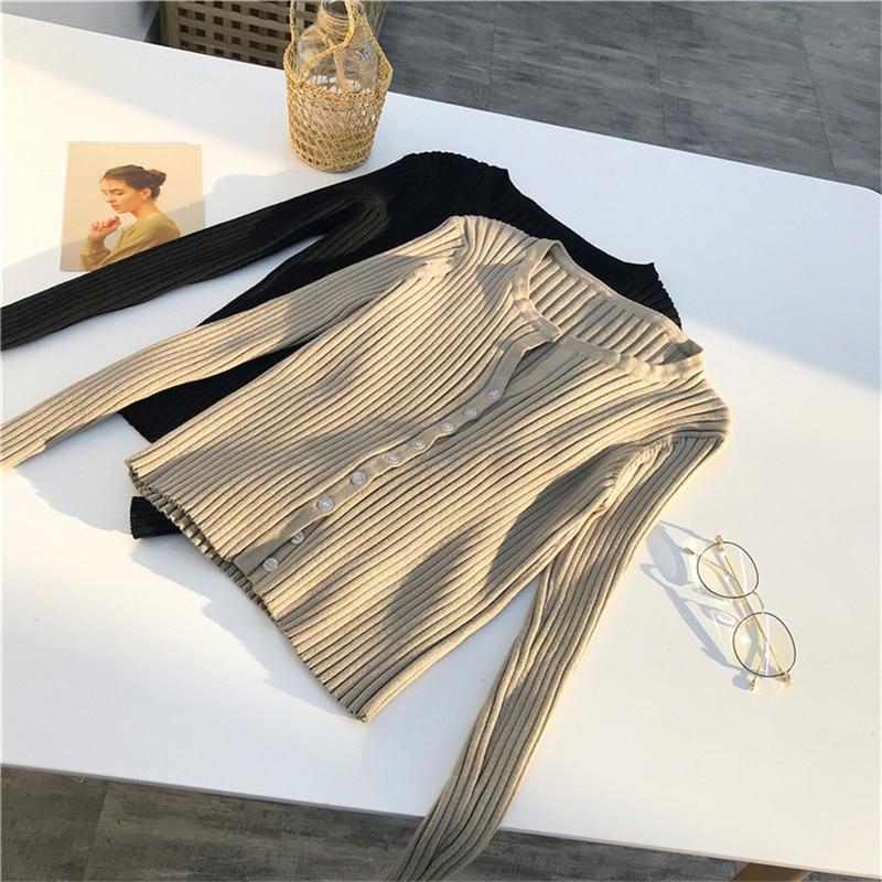 Women Button Up Ribbed Sweater Shirt Cropped Knit Cardigans Korean