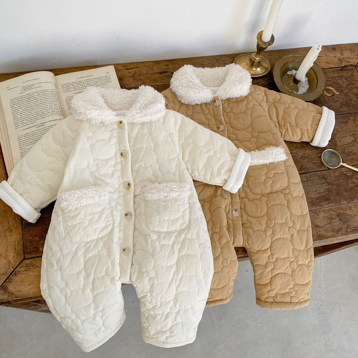 Baby Solid Color Lapel Design Quality Quilted Warm Jumpsuit