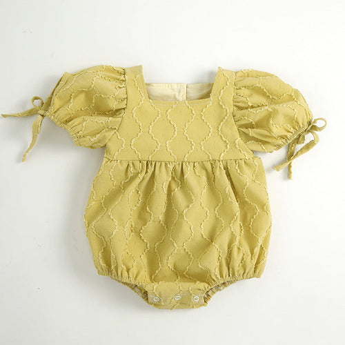 Baby Girls Embroidery Design Solid Color Square Collar Puff Sleeves