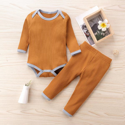 Baby Ribbed Knitted Pattern Solid Color Onesies Combo Trousers Sets