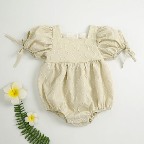 Baby Girls Embroidery Design Solid Color Square Collar Puff Sleeves