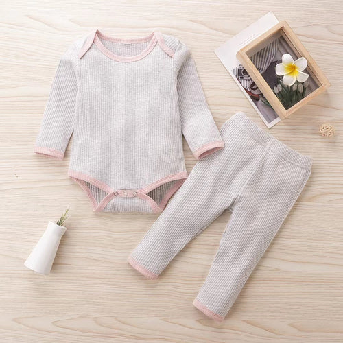 Baby Ribbed Knitted Pattern Solid Color Onesies Combo Trousers Sets