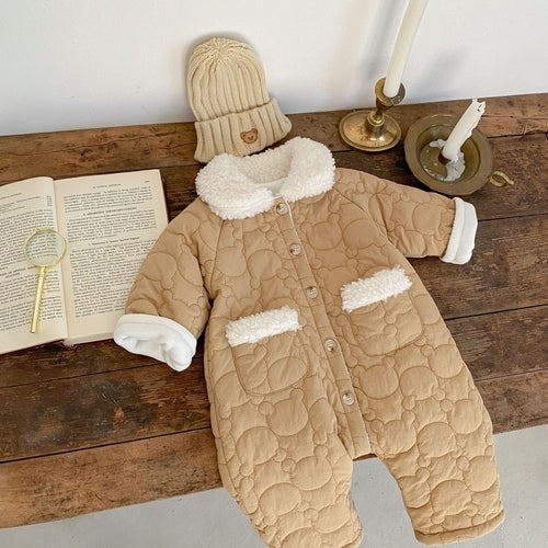 Baby Solid Color Lapel Design Quality Quilted Warm Jumpsuit