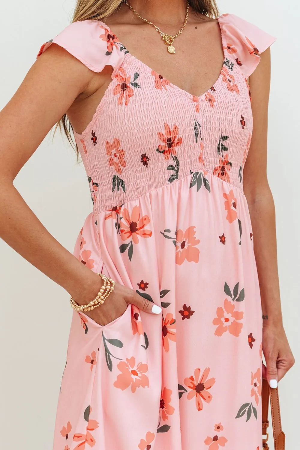 Ruffled Smocked Cap Sleeve Printed Maxi Dress