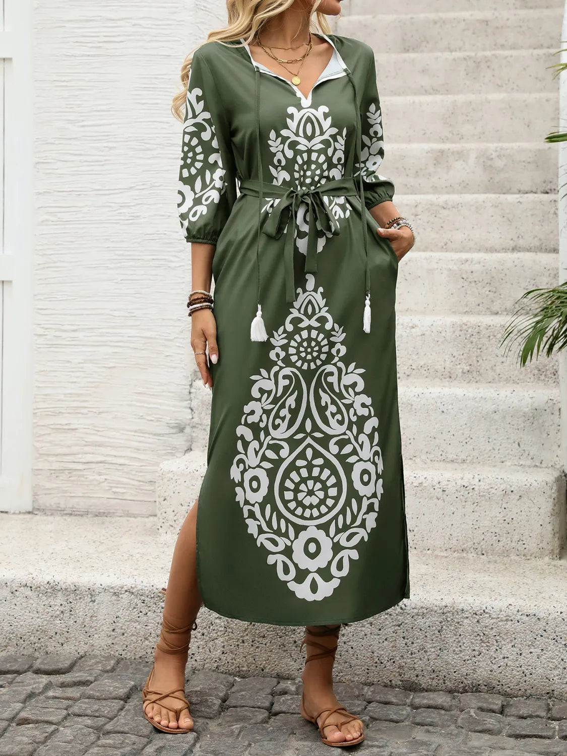 Side Slit Printed Tie Neck Dress