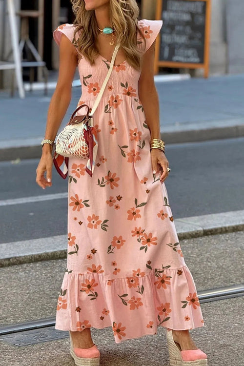 Ruffled Smocked Cap Sleeve Printed Maxi Dress