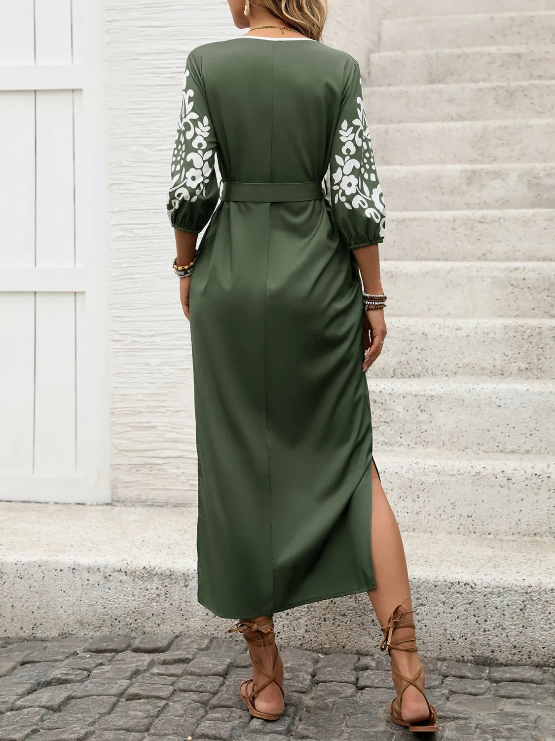Side Slit Printed Tie Neck Dress