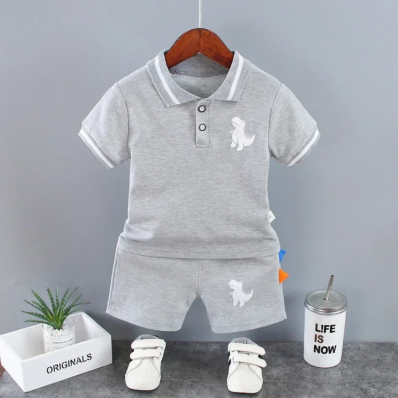 Summer Kids Outfits Baby Boys Clothes Set Dinosaur Printed Turn-down