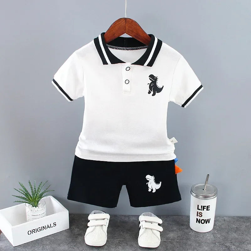 Summer Kids Outfits Baby Boys Clothes Set Dinosaur Printed Turn-down
