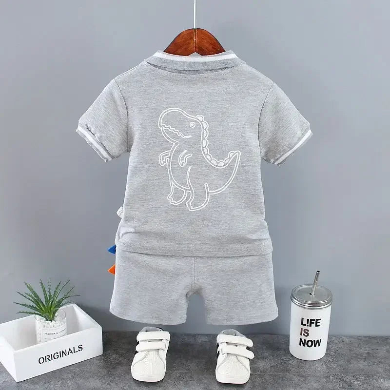Summer Kids Outfits Baby Boys Clothes Set Dinosaur Printed Turn-down