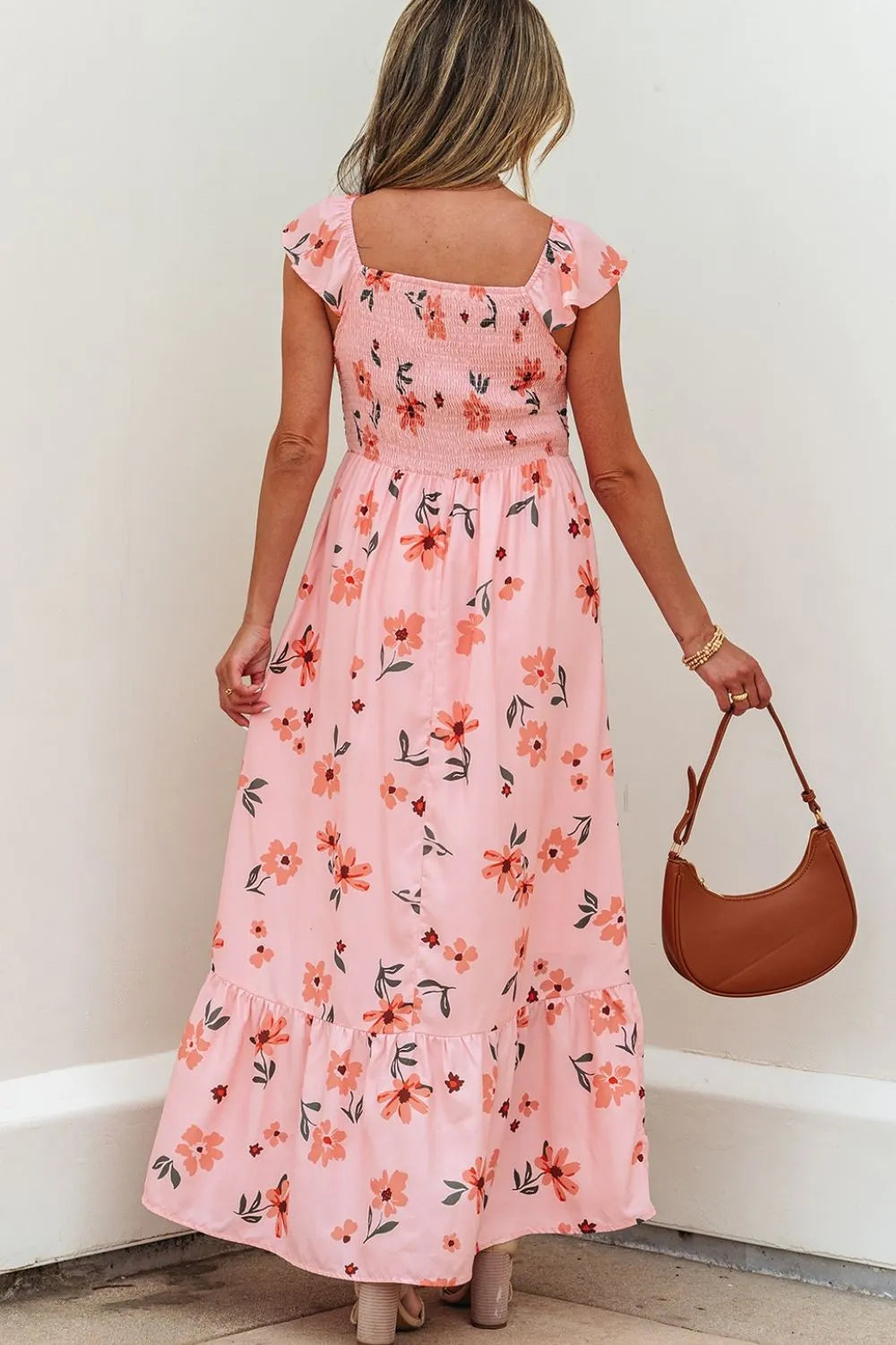 Ruffled Smocked Cap Sleeve Printed Maxi Dress