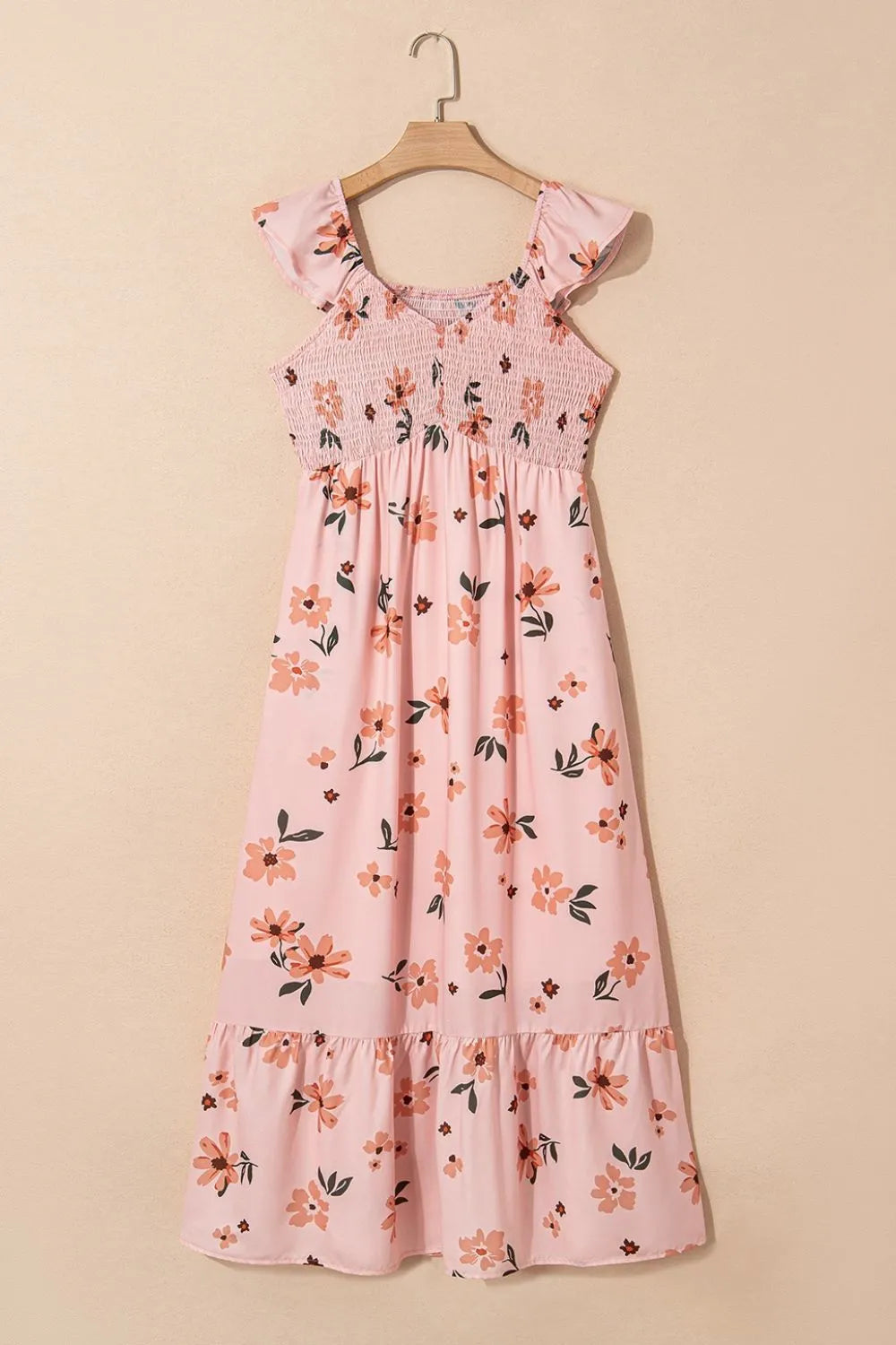 Ruffled Smocked Cap Sleeve Printed Maxi Dress