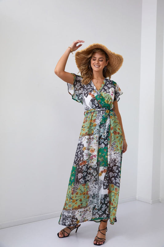 Maxi wrap dress with a belt, green FG646