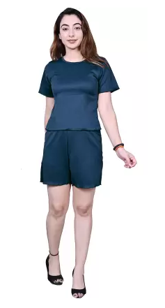 Women Regular Top Shorts Co-ords Set (Color Navy Blue) (Size L)