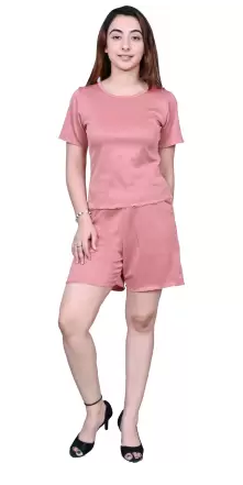 Women Regular Top Shorts Co-ords Set (Color Peach) (Size S)