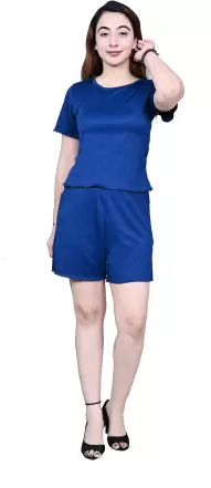 Women Regular Top Shorts Co-ords Set (Color Airforce Blue) (Size L)