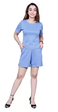 Women Regular Top Shorts Co-ords Set (Color Sky Blue) (Size L)