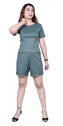 Women Regular Top Shorts Co-ords Set (Color Olive) (Size M)