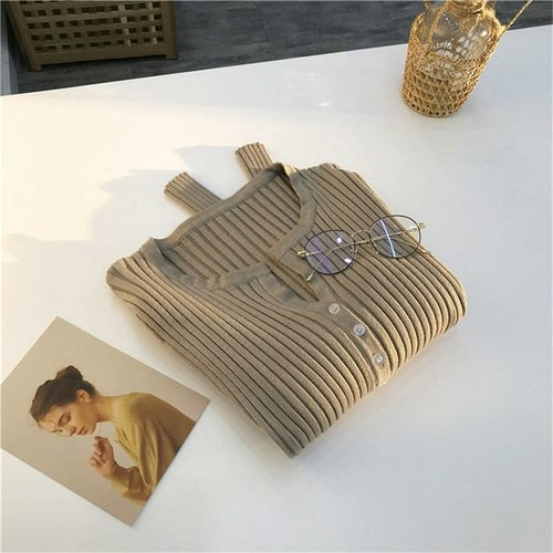 Women Button Up Ribbed Sweater Shirt Cropped Knit Cardigans Korean