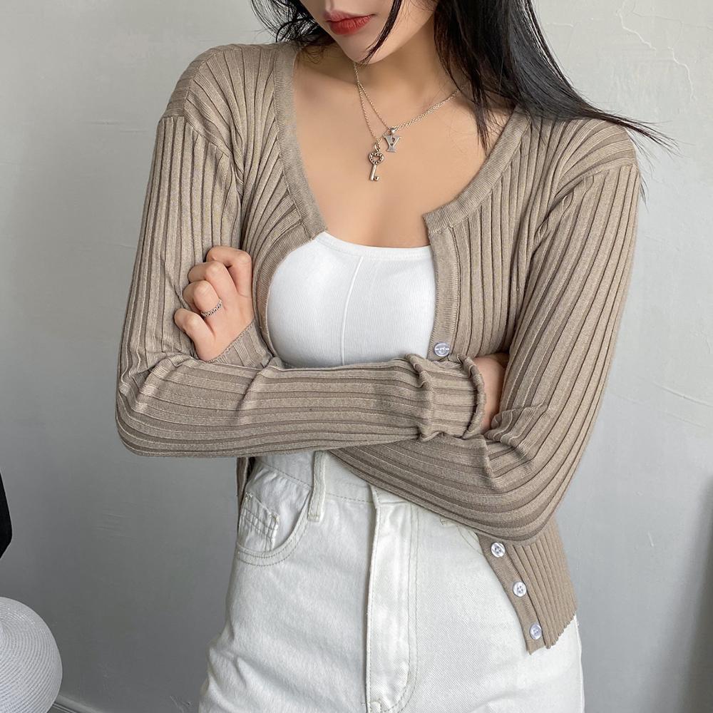 Women Button Up Ribbed Sweater Shirt Cropped Knit Cardigans Korean