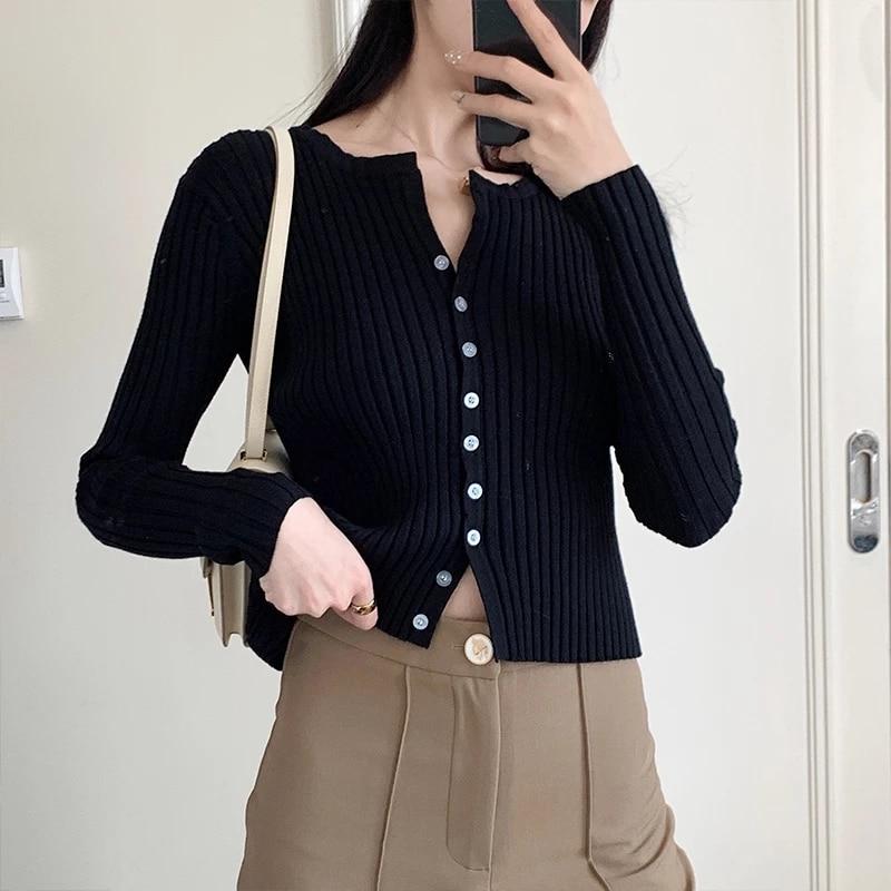 Women Button Up Ribbed Sweater Shirt Cropped Knit Cardigans Korean