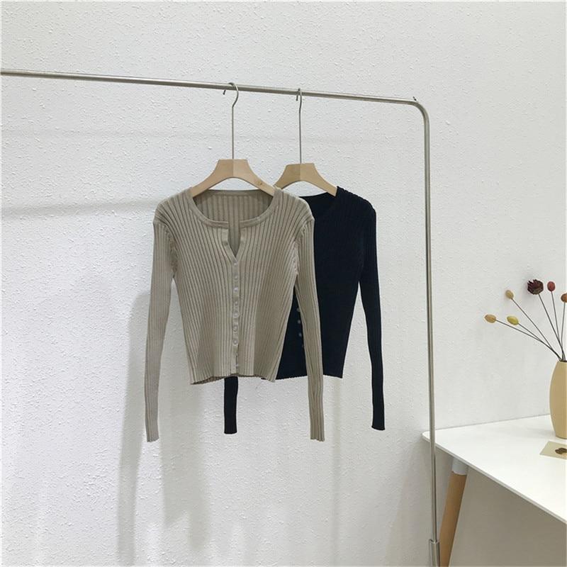 Women Button Up Ribbed Sweater Shirt Cropped Knit Cardigans Korean