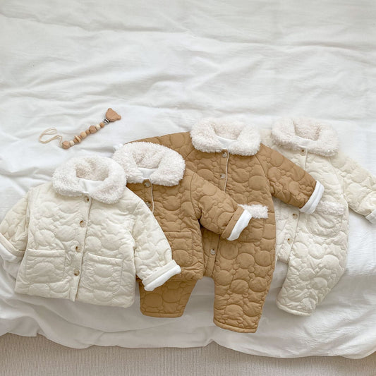 Baby Solid Color Lapel Design Quality Quilted Warm Jumpsuit
