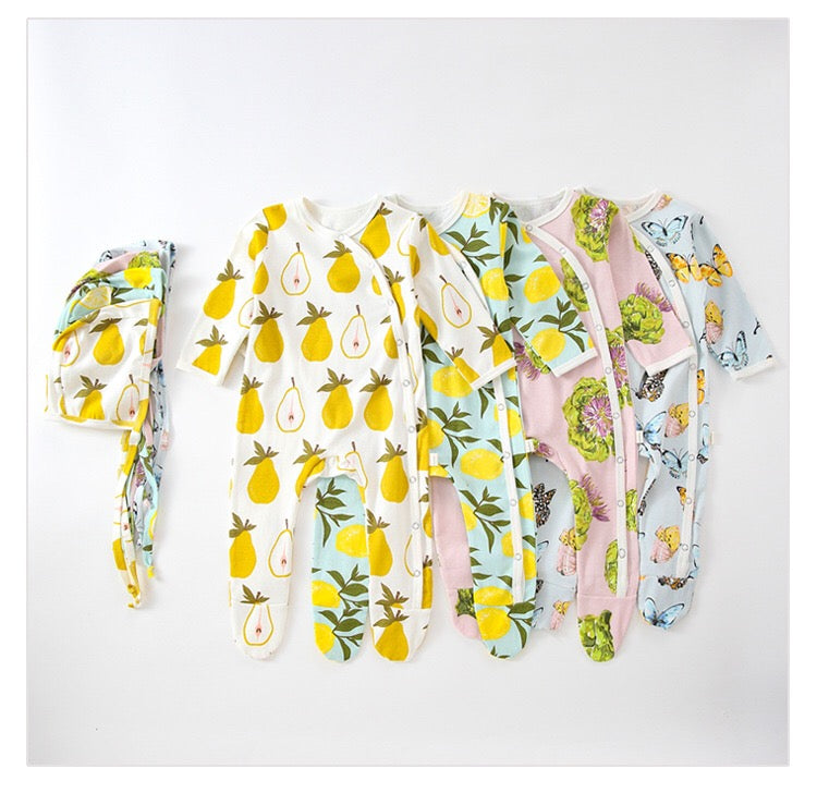 Baby Fruit Graphic Side Full Button Design Long Sleeves Covered Romper