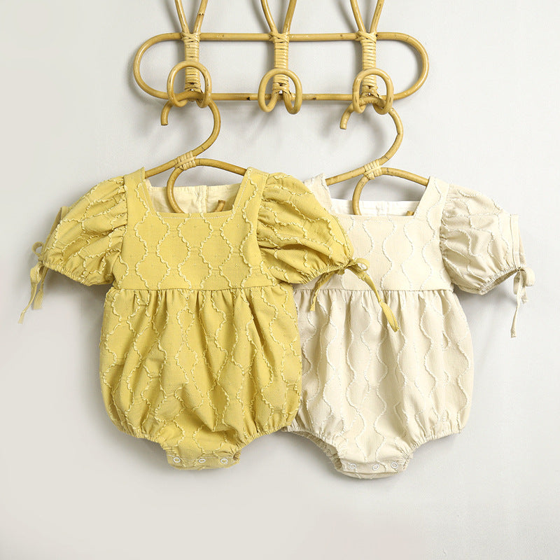 Baby Girls Embroidery Design Solid Color Square Collar Puff Sleeves