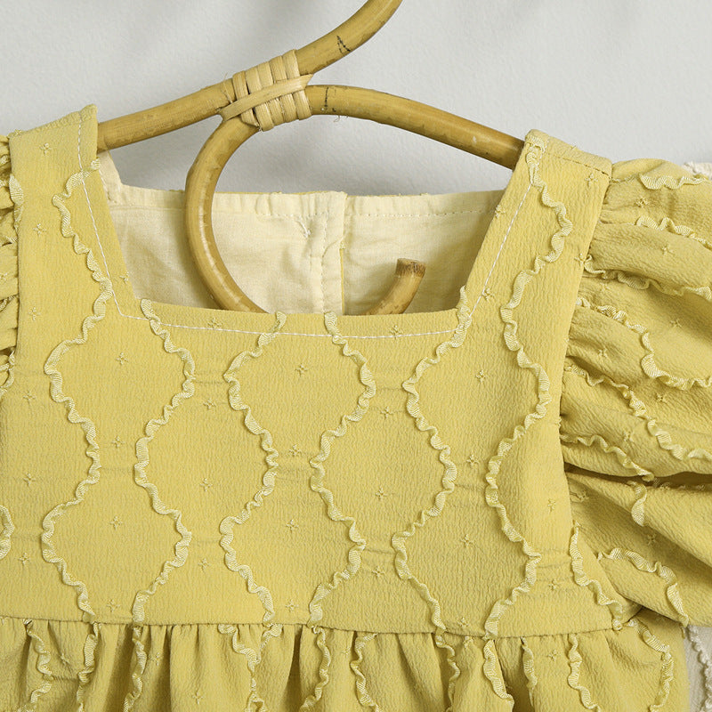 Baby Girls Embroidery Design Solid Color Square Collar Puff Sleeves