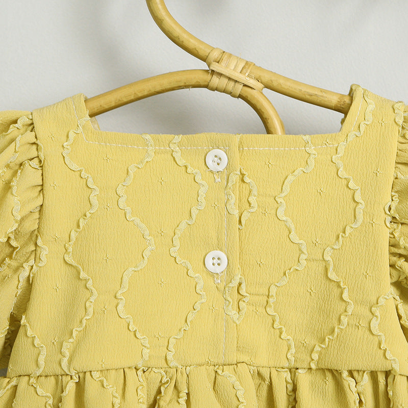 Baby Girls Embroidery Design Solid Color Square Collar Puff Sleeves
