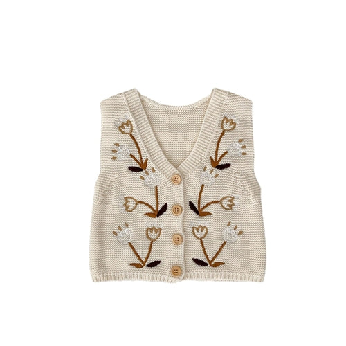 Floral Graphic V-Collar Sleeveless Knit Cardigan