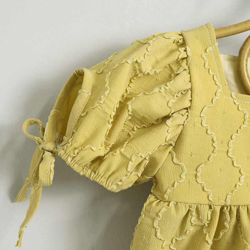 Baby Girls Embroidery Design Solid Color Square Collar Puff Sleeves