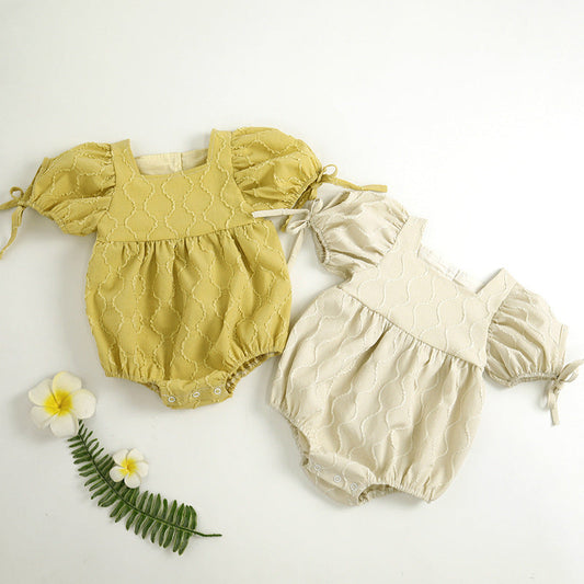 Baby Girls Embroidery Design Solid Color Square Collar Puff Sleeves