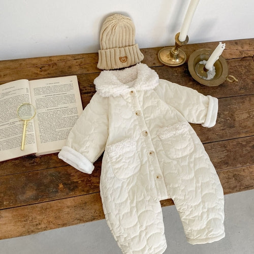 Baby Solid Color Lapel Design Quality Quilted Warm Jumpsuit