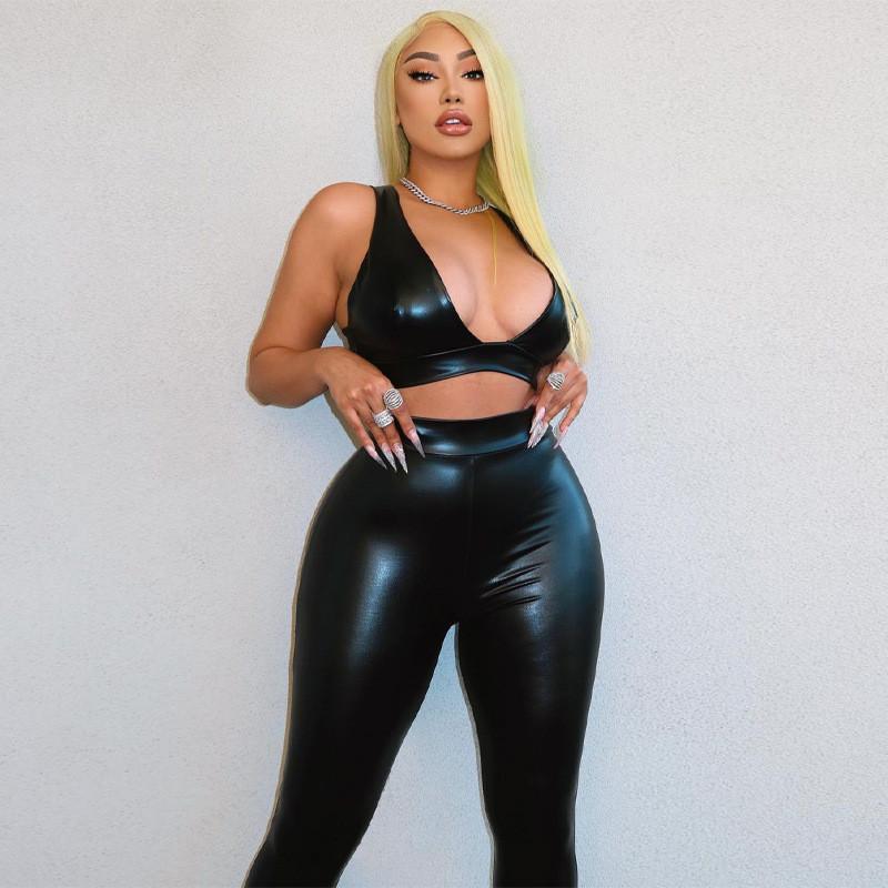 Black Faux PU Leather Club Co-ord Sets Women V Neck Midnight Partywear