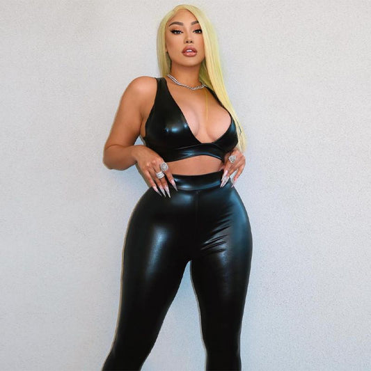 Black Faux PU Leather Club Co-ord Sets Women V Neck Midnight Partywear